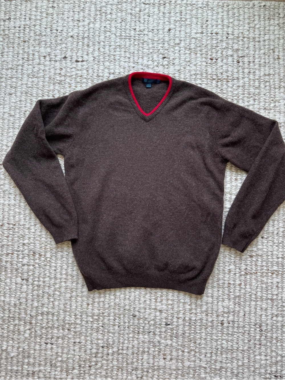 Boden 100% Lambswool Brown V-Neck Sweater Red Trim Size M